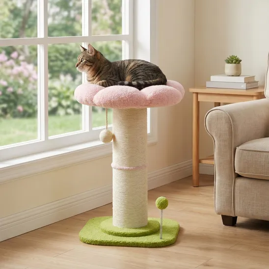 Cat Scratch Post with Sisal Rope and Cute Flower-Shaped Perch