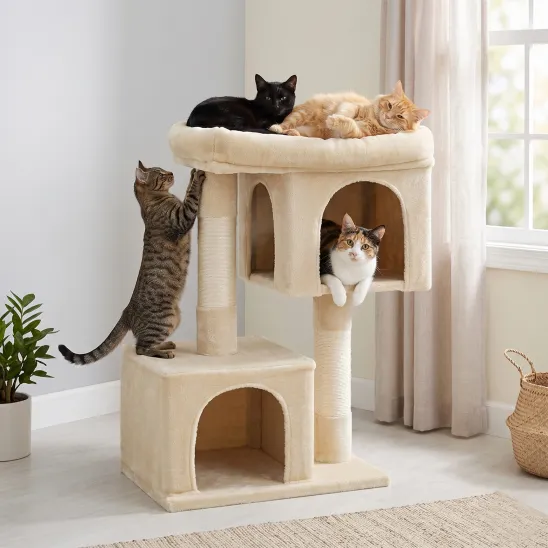 Beige small cat tree with large bed on top