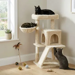Small Cat Tree with House & Padded Bed