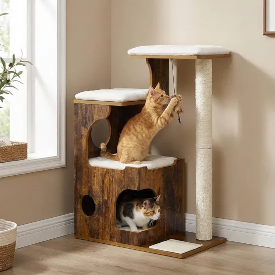 Small stylish cat tree wooden with hideaway