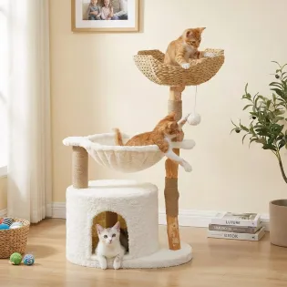 Small Stylish Cat Tree with Solid Wood Posts