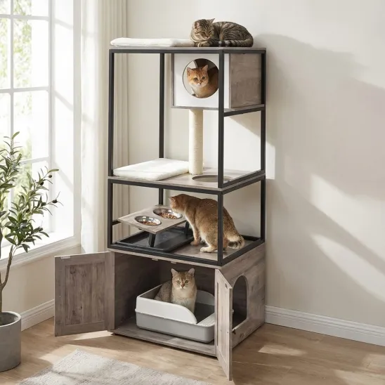 Stylish Cat Tower with Large Litter Box Enclosure and Two Food Bowls