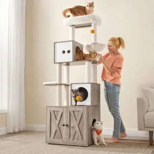 Elegant Cat Litter Box Tower with Hanging Basket