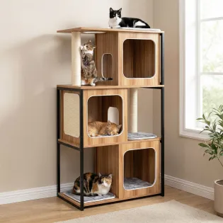 Stylish 3-story Wooden Cat Condo with Metal Frame & Padded Perches