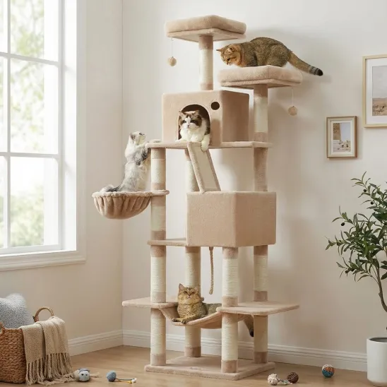 81" Tall Cat Tower with Hammock & Two Condos