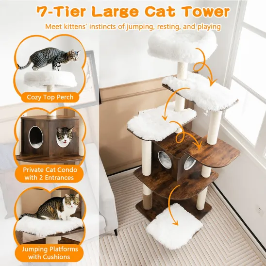 7-tier Fancy Wooden Cat Tower with Condo & Sisal Posts