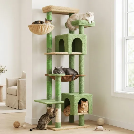 Tall green cat condo with hammock
