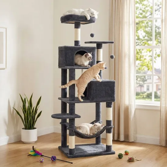 75" Tall Plush Cat Tower with Hammock & Two Perches