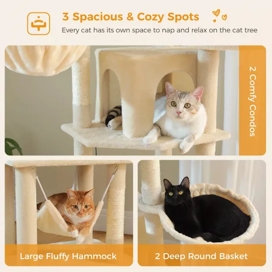 Two cat condos, two baskets and a hammock