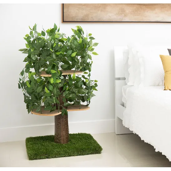 Realistic Medium Kitty Tree with Leaves and Square Base