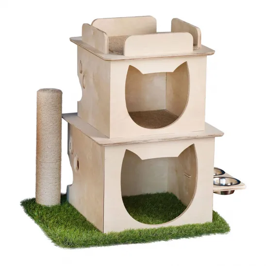 2 story cat hideaway with feeding bowls