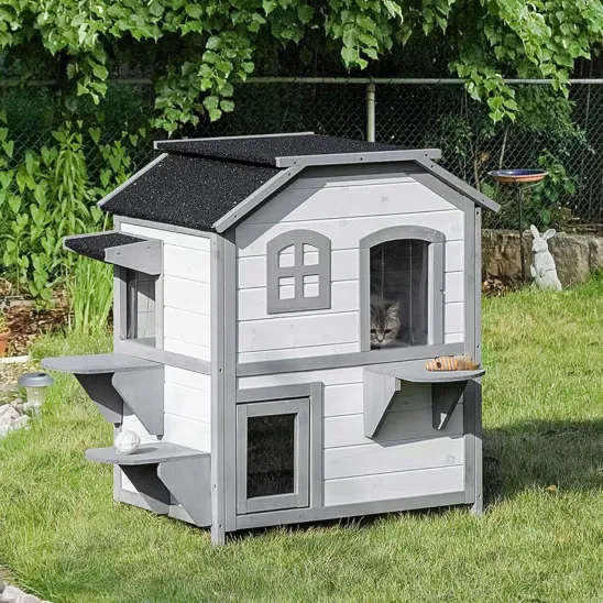 Two-story cat shelter for feral cats in White