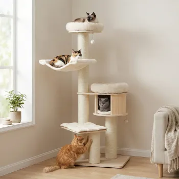 Sturdy Wooden Cat Tree for Large Cats with Hammock