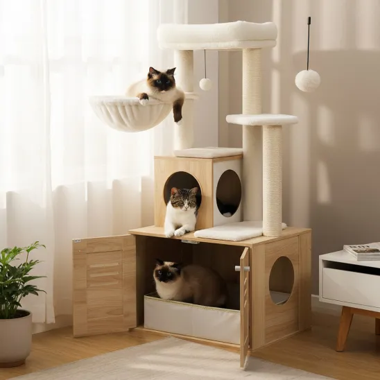 Wooden Cat Tree with Litter Tray Enclosure