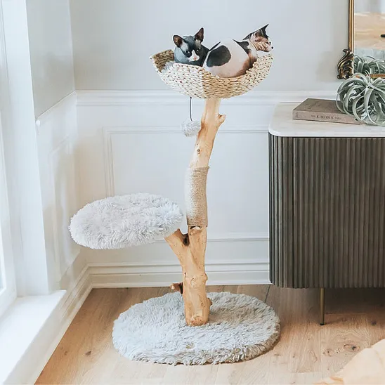 2 Tier Cat Furniture with Real Wood Posts & Cushioned Basket