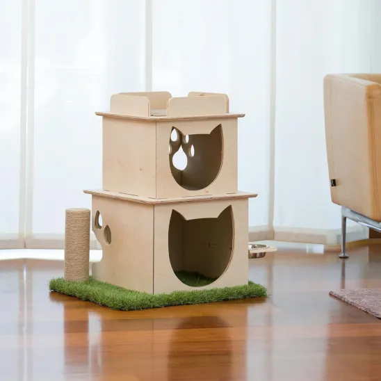 Solid Wood Two-Story Cat Condo with Feeding Station