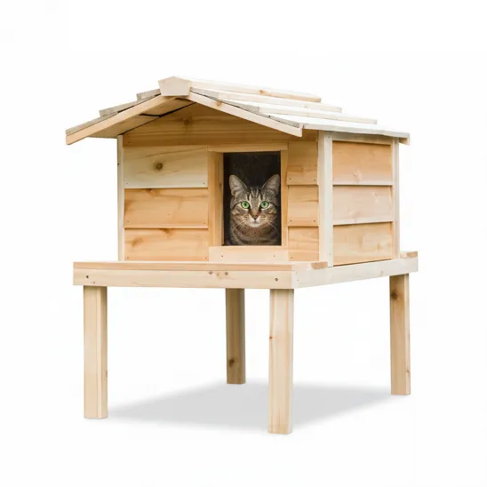 Wooden House for Feral Cats with Extended Roof for Winter & Summer